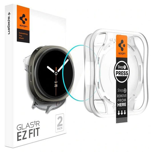 Spigen GlastR EZ FIT -suojakalvo Samsung Galaxy Watch8 44mm:lle, 2 kappaleen setti, Karkaistu lasi AGL09874