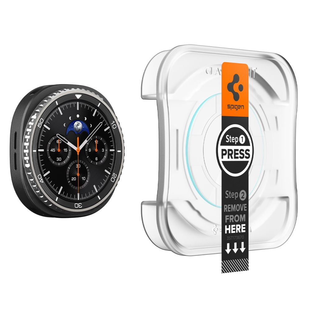 Spigen GlastR EZ FIT -suojakalvo Samsung Galaxy Watch8 Classicille, 2 kappaleen setti, Karkaistu lasi AGL09877