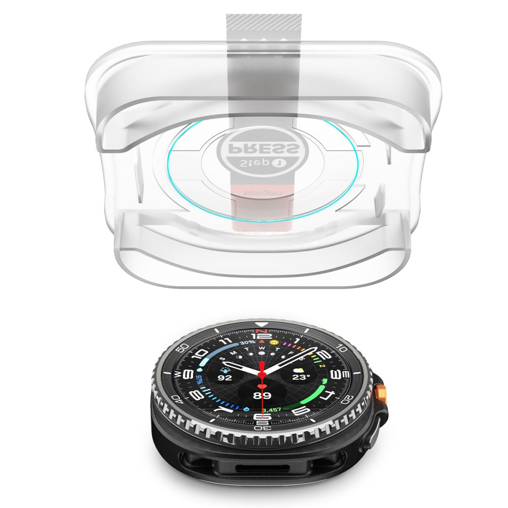 Spigen GlastR EZ FIT -suojakalvo Samsung Galaxy Watch8 Classicille, 2 kappaleen setti, Karkaistu lasi AGL09877