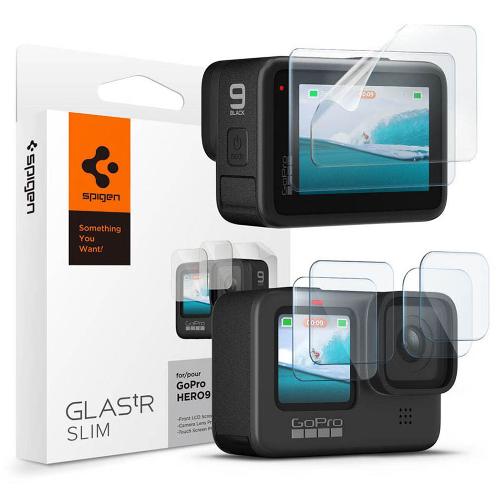Spigen GlastR Slim -suojakalvo näytölle ja linssille GoPro Hero 12 / 9 / 10 / 11, Karkaistu lasi, 6 kappaleen setti AGL03045