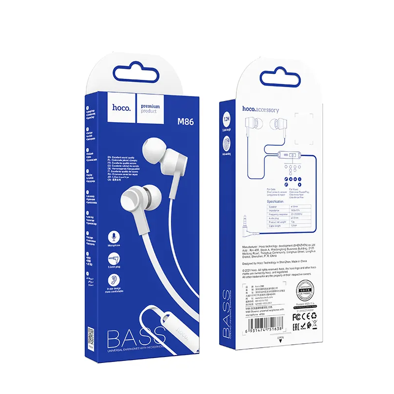 Handsfree 3.5mm HOCO M86, Valkoinen