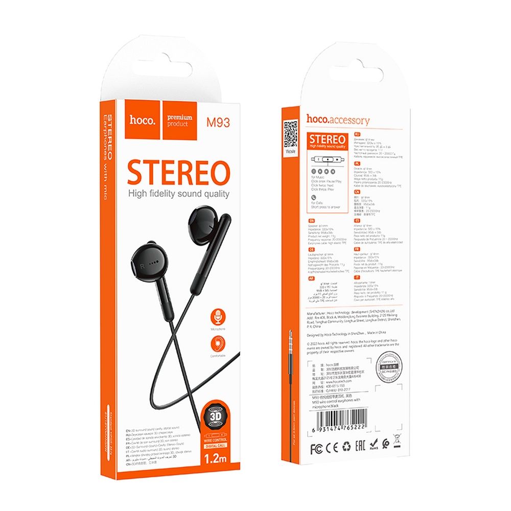 Handsfree 3.5mm HOCO M93, Musta
