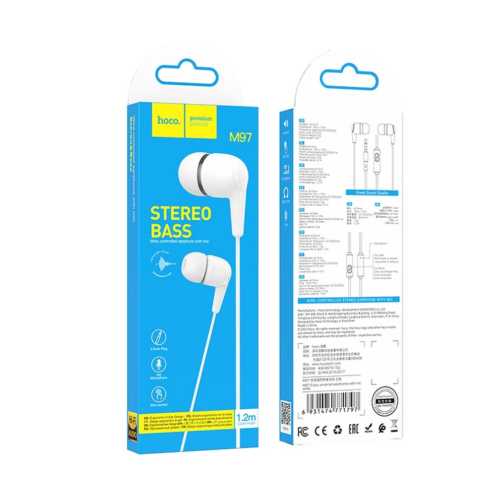 Handsfree 3.5mm HOCO M97, Valkoinen