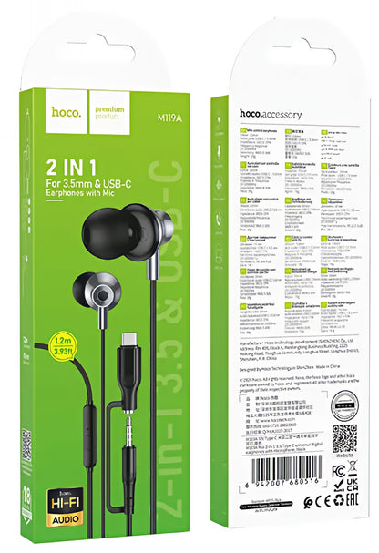 Handsfree 3,5 mm / USB-C HOCO M119A, Musta