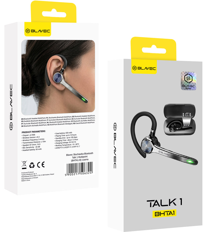 Blavec Talk 1 Bluetooth-handsfree, MultiPoint, A2DP, musta
