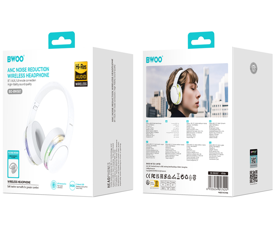Handsfree Bluetooth BWOO BO-BW587, A2DP, ANC, Valkoinen