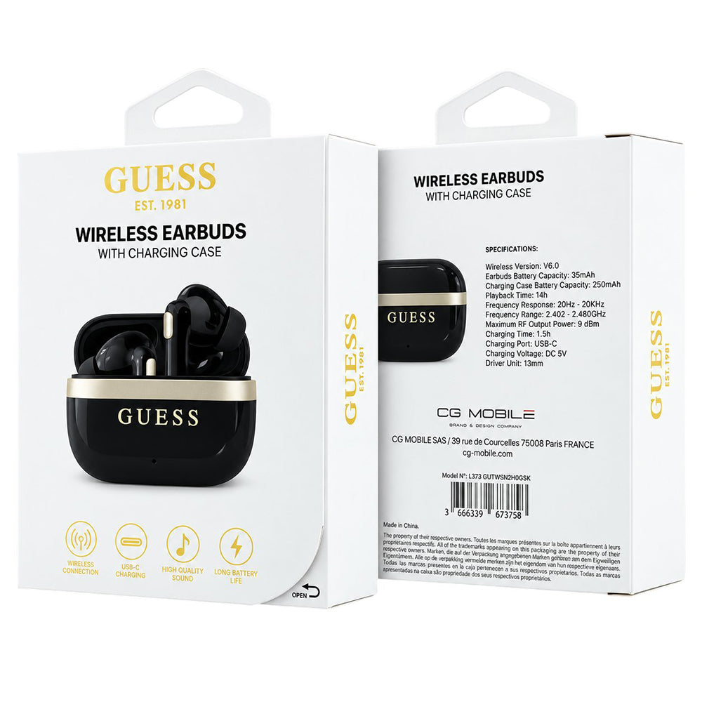Guess Glossy Gold Line Printed Classic Logo -Bluetooth-handsfree-kuulokkeet, TWS, musta