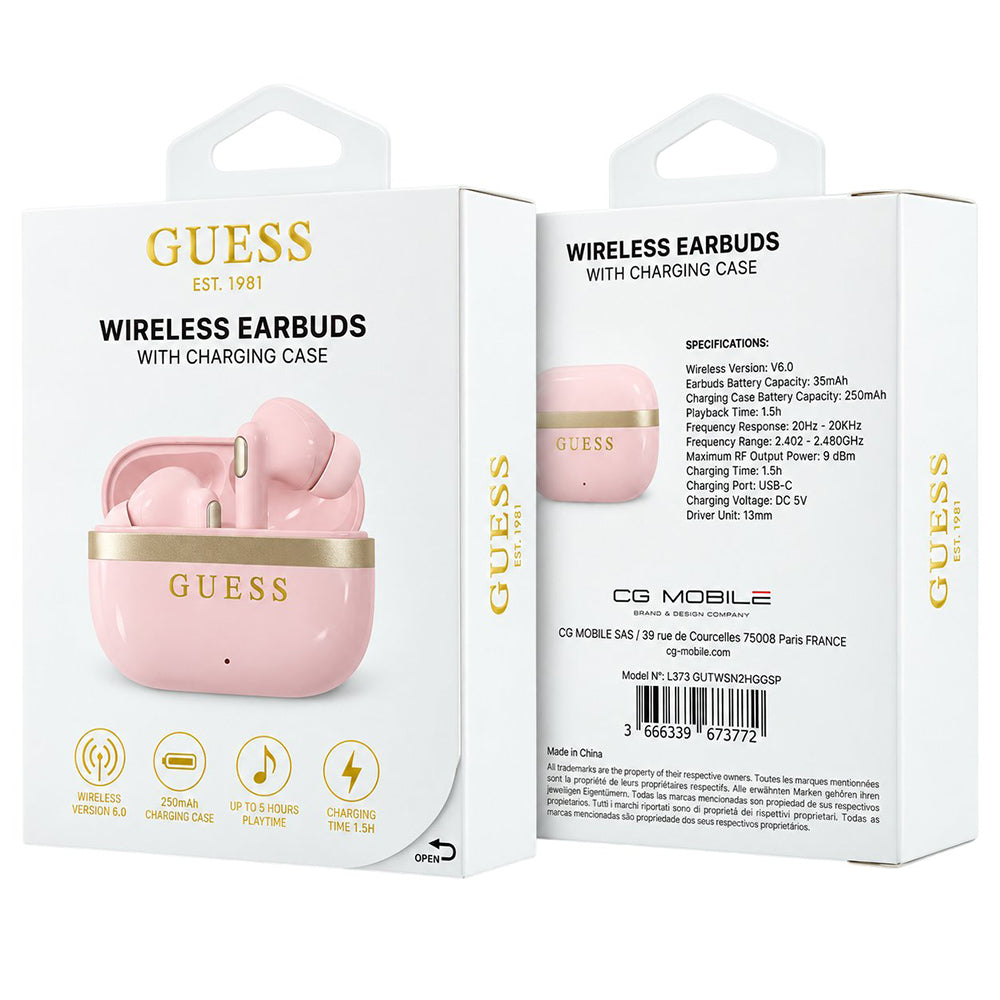 Guess Glossy Gold Line Printed Classic Logo -Bluetooth-handsfree-kuulokkeet, TWS, vaaleanpunainen