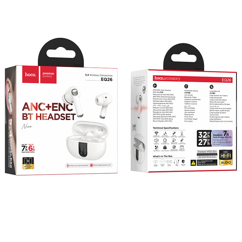 Handsfree Bluetooth HOCO EQ26, TWS, ANC, Valkoinen