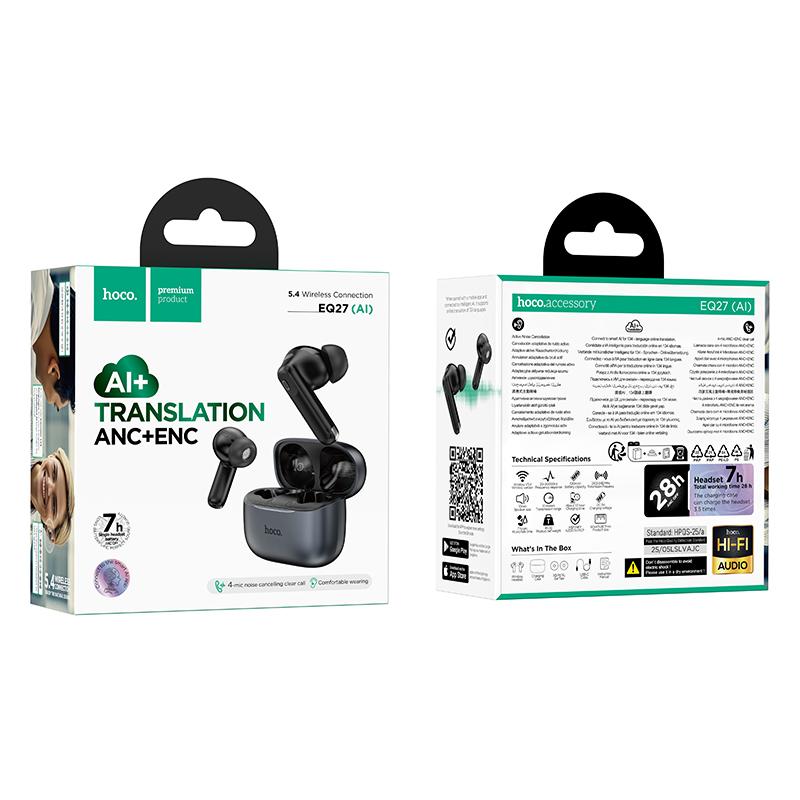 Handsfree Bluetooth HOCO EQ27 AI Käännös, TWS, ANC, Harmaa