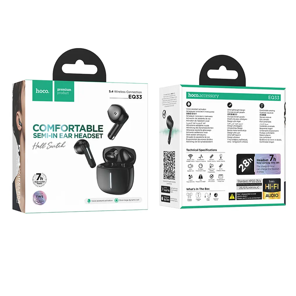 Handsfree Bluetooth HOCO EQ33, TWS, Musta