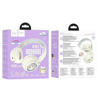 Handsfree Bluetooth HOCO W50 Kids Cute Cat, A2DP, Valkoinen