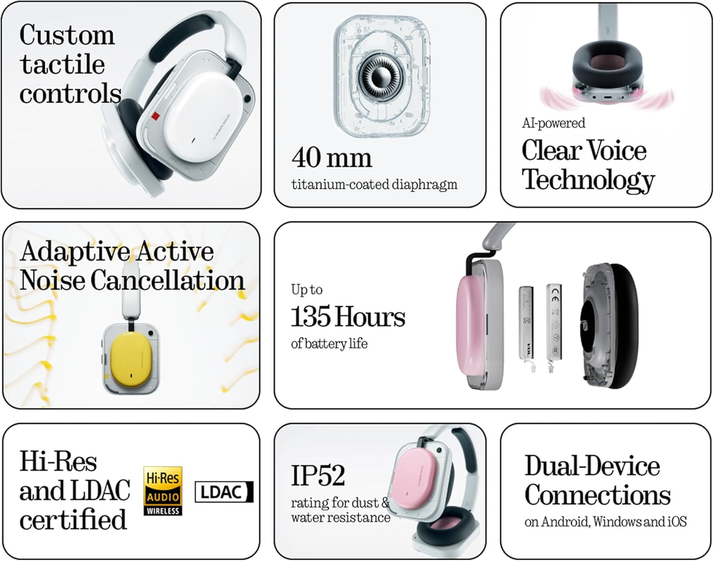 Handsfree Bluetooth Nothing Headphone (a), MultiPoint, A2DP, ANC, Musta