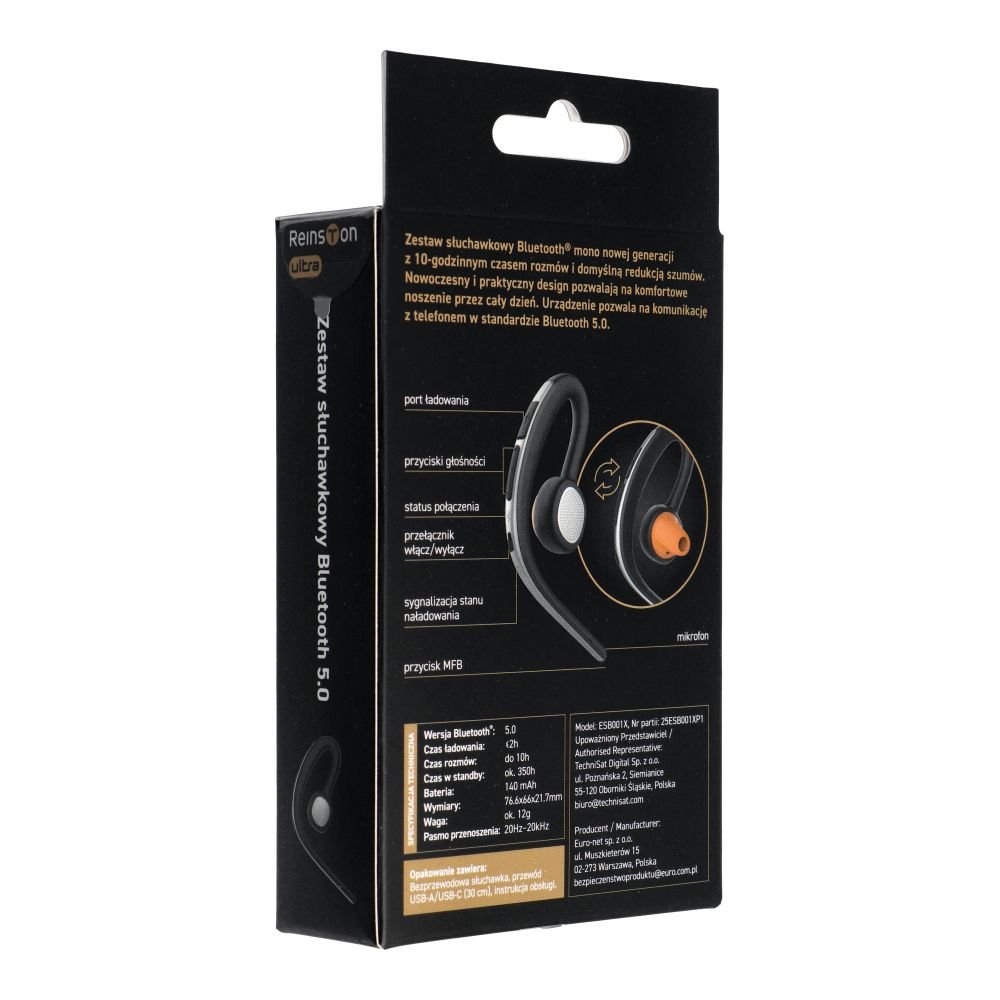 Handsfree Bluetooth Reinston ESB001X, MultiPoint, A2DP, Musta