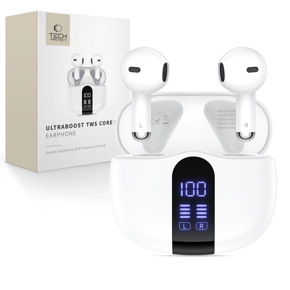 Handsfree Bluetooth Tech-Protect Ultraboost Core G2, TWS, Valkoinen