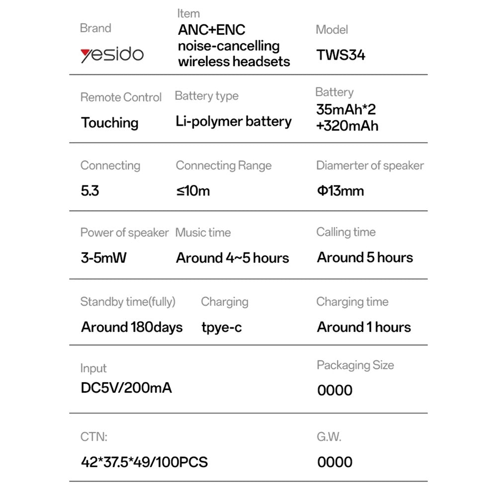 Handsfree Bluetooth Yesido TWS34, TWS, ANC, Valkoinen