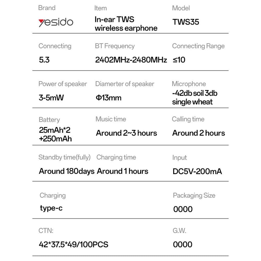 Handsfree Bluetooth Yesido TWS35, TWS, Valkoinen