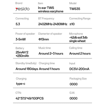 Handsfree Bluetooth Yesido TWS35, TWS, Valkoinen