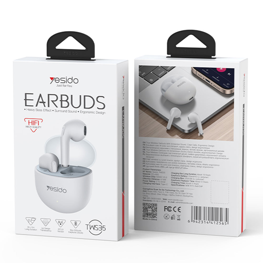 Handsfree Bluetooth Yesido TWS35, TWS, Valkoinen