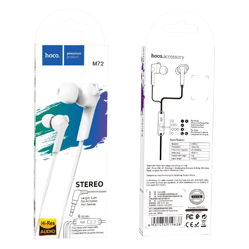 Handsfree 3.5mm HOCO M72 Admire, Valkoinen
