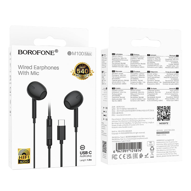 Handsfree USB-C Borofone BM100 Max Fuente, Musta