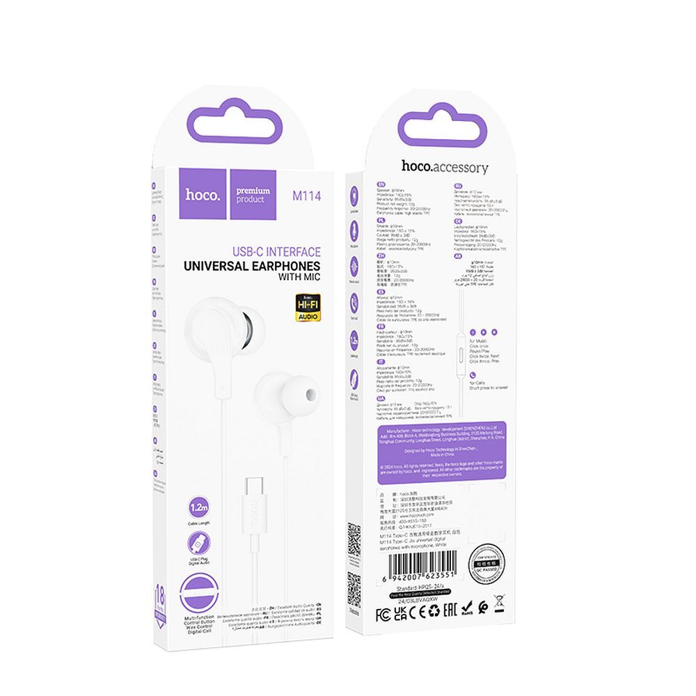 Handsfree USB-C HOCO M114, Valkoinen