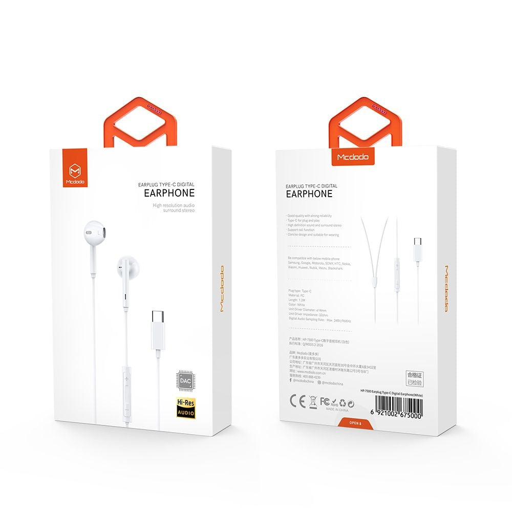 Handsfree USB-C McDodo HP-7500, 1.2m, Valkoinen