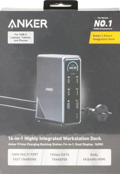 Monitoimihubi Anker Prime 737, 2 x USB-A 3.0 - 3 x USB-A - 5 x USB-C - 2 x HDMI - 1 x Jack 3.5mm - 1 x RJ45, Musta A83B63A1