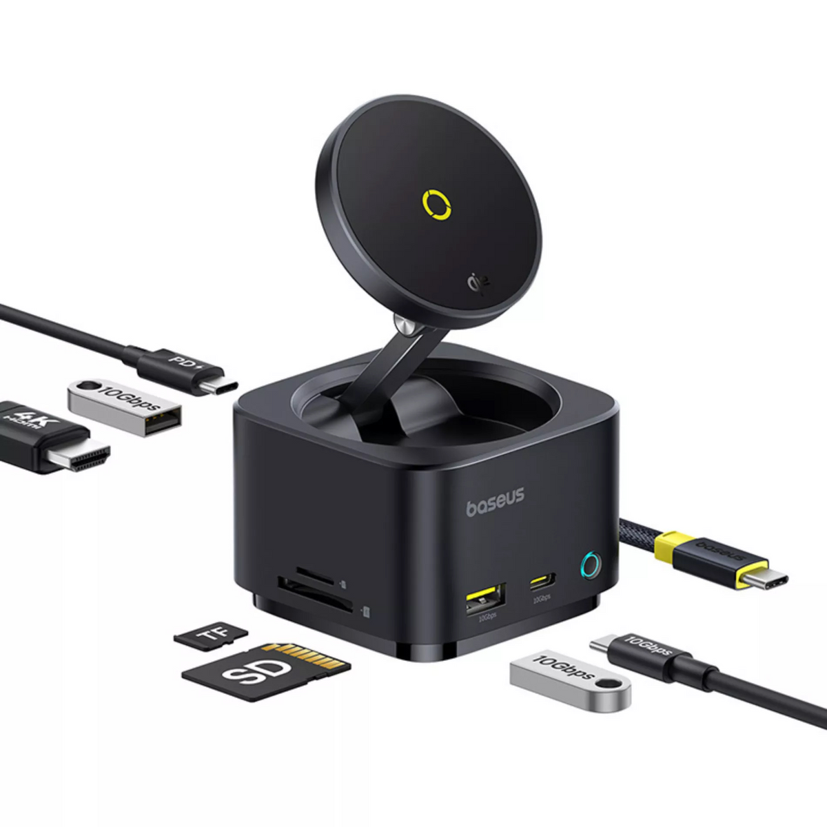 Monitoiminen Baseus MagPro II 7in1 -keskus, 1 x USB-A - 2 x USB-C - 1 x HDMI - 1 x QI - 1 x SD - 1 x microSD, Musta Uudelleenpakattu B00072900121-00