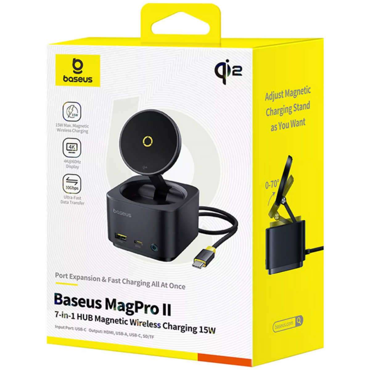 Monitoiminen Baseus MagPro II 7in1 -keskus, 1 x USB-A - 2 x USB-C - 1 x HDMI - 1 x QI - 1 x SD - 1 x microSD, Musta Uudelleenpakattu B00072900121-00