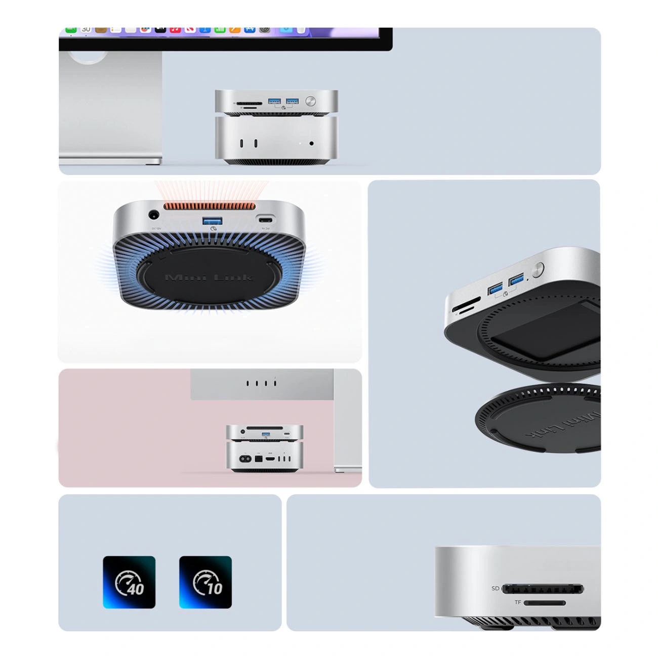 Orico MiniLink M49P monitoimihubi Apple Mac Mini M4:lle, 9-in-1, hopea