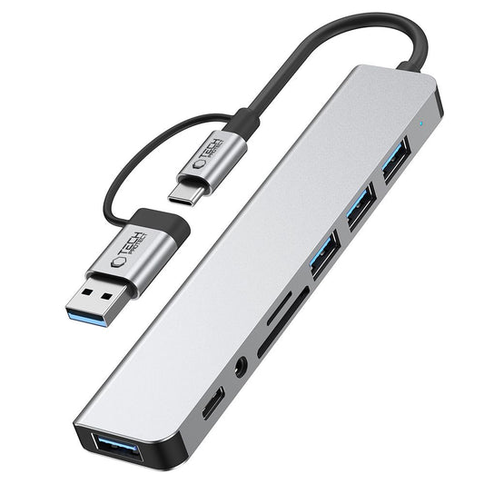 USB / USB-C -keskitin Tech-Protect HB06, 2 x USB-A 3.0 - 2 x USB-A - 1 x USB-C - 1 x 3,5 mm:n jakki - 1 x SD - 1 x microSD, Harmaa