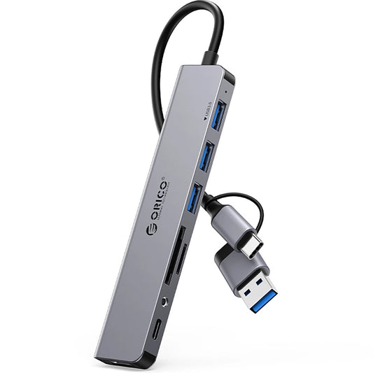 Hub USB / USB-C Orico YSA8-U3, 1 x USB-A 3.0 - 3 x USB-A - 1 x USB-C - 1 x Jack 3.5mm - 1 x SD - 1 x microSD, Musta