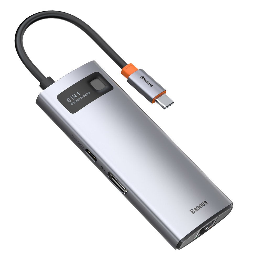 Baseus Metal Gleam USB-C -keskitin, 3 x USB-A 3.0 - 1 x USB-C - 1 x HDMI - 1 x RJ45, Harmaa CAHUB-CW0G