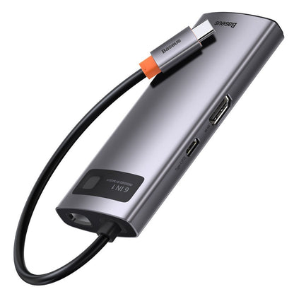 Baseus Metal Gleam USB-C -keskitin, 3 x USB-A 3.0 - 1 x USB-C - 1 x HDMI - 1 x RJ45, Harmaa CAHUB-CW0G