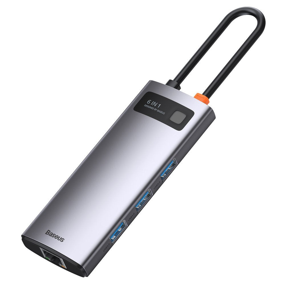 Baseus Metal Gleam USB-C -keskitin, 3 x USB-A 3.0 - 1 x USB-C - 1 x HDMI - 1 x RJ45, Harmaa CAHUB-CW0G