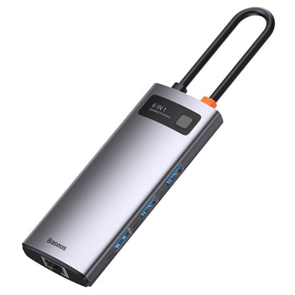 Baseus Metal Gleam USB-C -keskitin, 3 x USB-A 3.0 - 1 x USB-C - 1 x HDMI - 1 x RJ45, Harmaa CAHUB-CW0G
