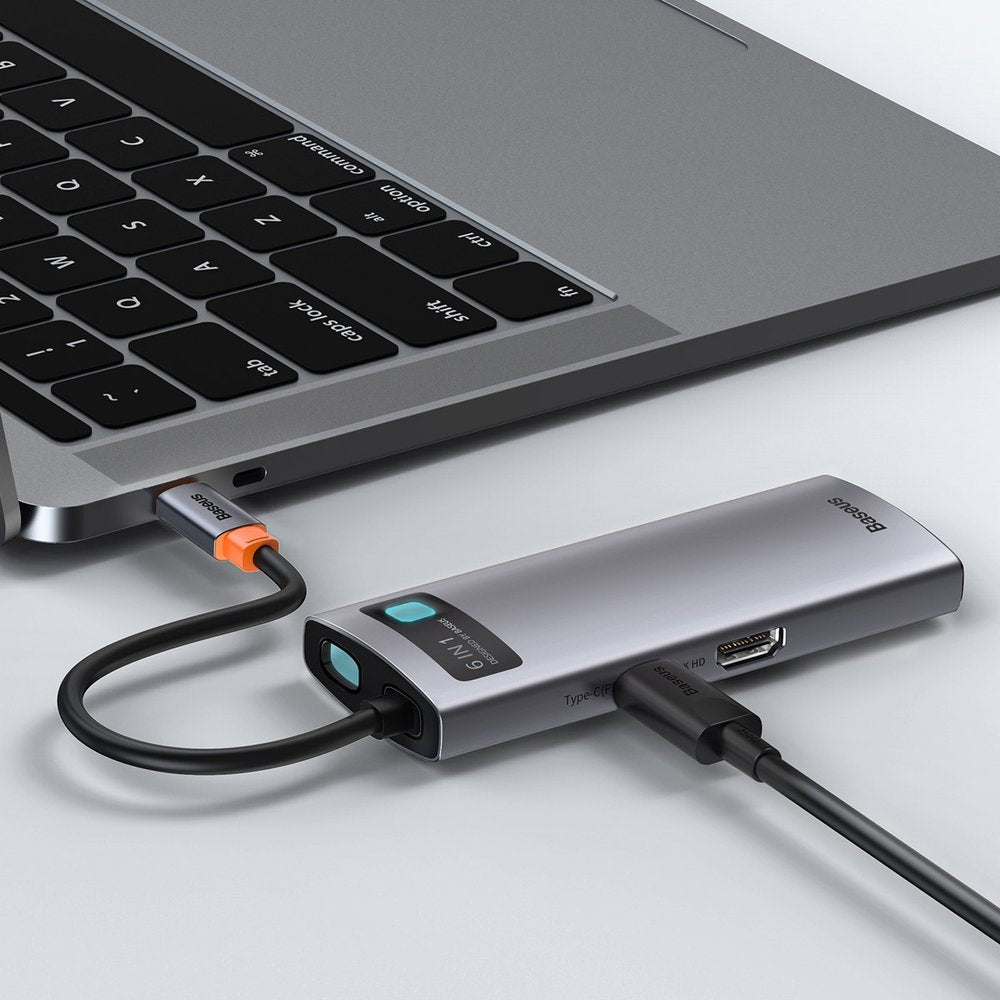 Baseus Metal Gleam USB-C -keskitin, 3 x USB-A 3.0 - 1 x USB-C - 1 x HDMI - 1 x RJ45, Harmaa CAHUB-CW0G