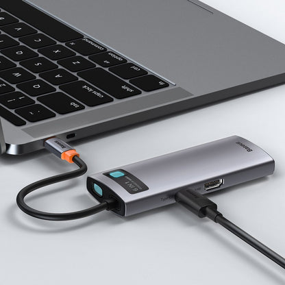Baseus Metal Gleam USB-C -keskitin, 3 x USB-A 3.0 - 1 x USB-C - 1 x HDMI - 1 x RJ45, Harmaa CAHUB-CW0G