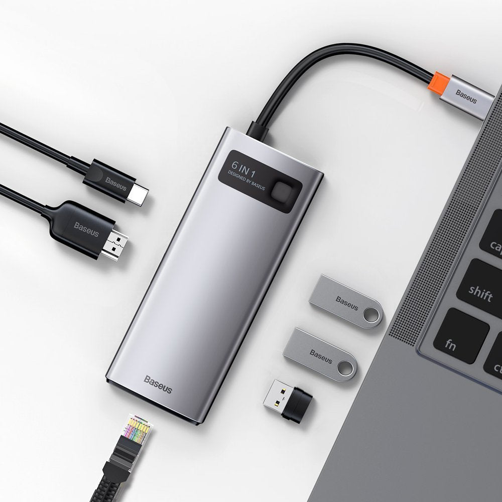 Baseus Metal Gleam USB-C -keskitin, 3 x USB-A 3.0 - 1 x USB-C - 1 x HDMI - 1 x RJ45, Harmaa CAHUB-CW0G