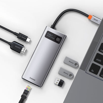 Baseus Metal Gleam USB-C -keskitin, 3 x USB-A 3.0 - 1 x USB-C - 1 x HDMI - 1 x RJ45, Harmaa CAHUB-CW0G