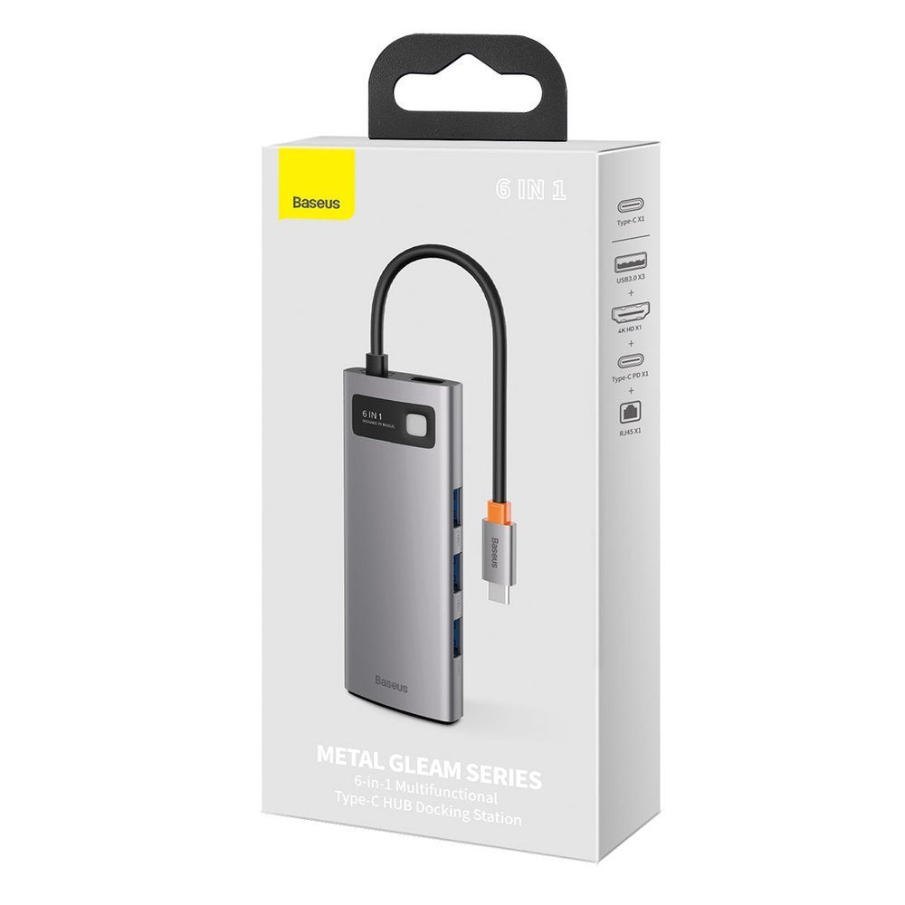 Baseus Metal Gleam USB-C -keskitin, 3 x USB-A 3.0 - 1 x USB-C - 1 x HDMI - 1 x RJ45, Harmaa CAHUB-CW0G