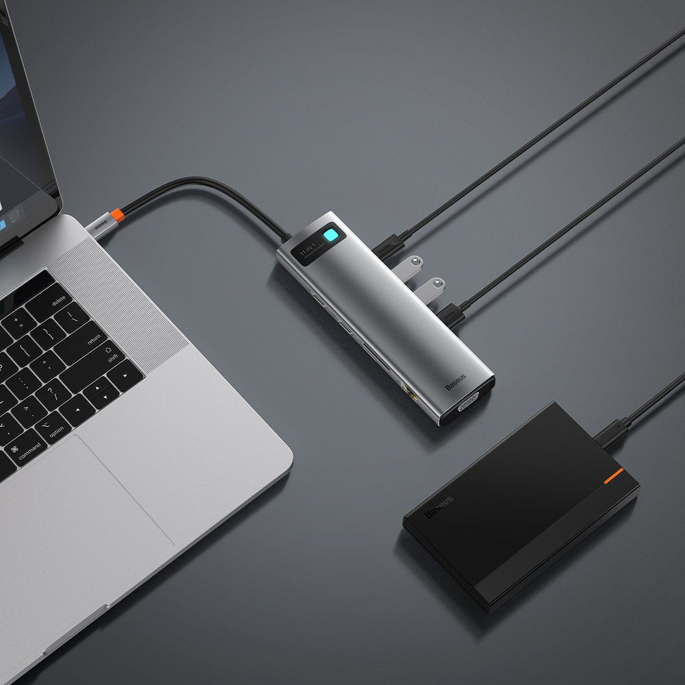 Hub USB-C Baseus Metal Gleam, 3 x USB-A 3.0 - 1 x USB-C - 2 x HDMI - 1 x VGA - 1 x Jack 3.5mm - 1 x RJ45 - 1 x SD - 1 x microSD, Harmaa CAHUB-CT0G