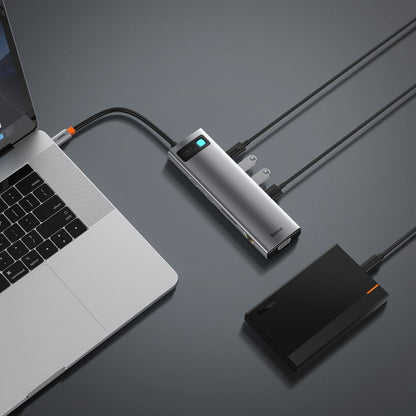 Hub USB-C Baseus Metal Gleam, 3 x USB-A 3.0 - 1 x USB-C - 2 x HDMI - 1 x VGA - 1 x Jack 3.5mm - 1 x RJ45 - 1 x SD - 1 x microSD, Harmaa CAHUB-CT0G