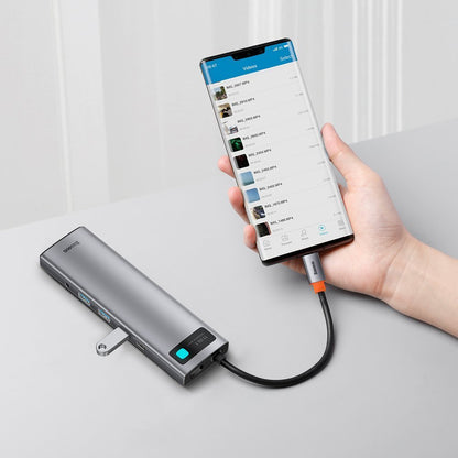 Hub USB-C Baseus Metal Gleam, 3 x USB-A 3.0 - 1 x USB-C - 2 x HDMI - 1 x VGA - 1 x Jack 3.5mm - 1 x RJ45 - 1 x SD - 1 x microSD, Harmaa CAHUB-CT0G