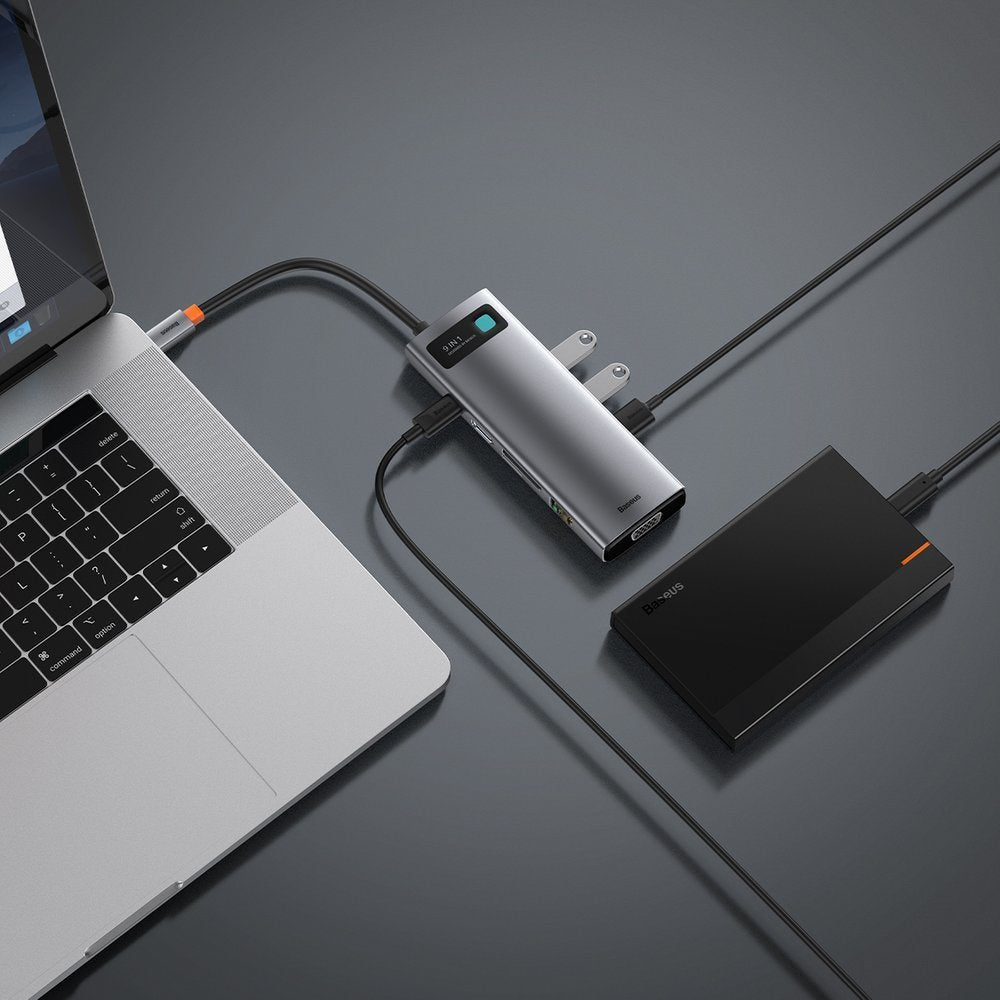 Baseus USB-C -keskitin, 3 x USB-A 3.0 - 1 x USB-C - 1 x HDMI - 1 x VGA - 1 x RJ45 - 1 x SD - 1 x microSD, Harmaa CAHUB-CU0G
