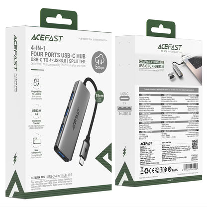 Hub USB-C Acefast J15, 4in1, Harmaa