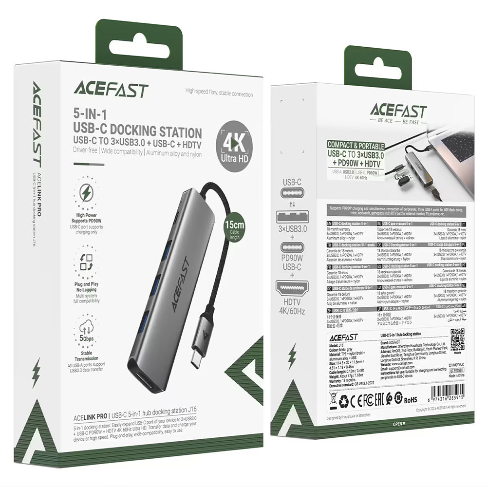 Hub USB-C Acefast J16, 5in1, Harmaa