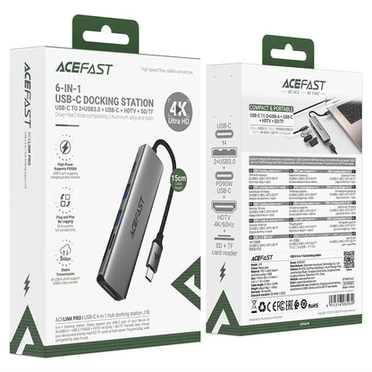 Acefast J18 USB-C Hub, 6-in-1, Gray
