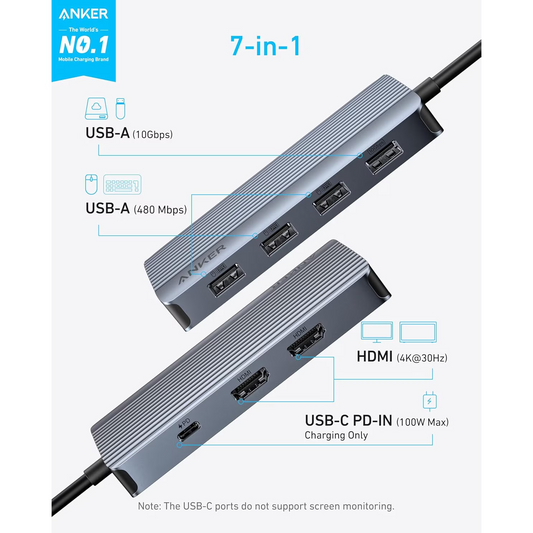 Hub USB-C Anker, 1 x USB-A 3.2 - 3 x USB-A - 1 x USB-C - 2 x HDMI, Harmaa A83740A2